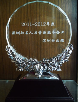 尚賢達獵頭公司被評為<br>“2011-2012深圳知名人力資源服務(wù)企業(yè)”